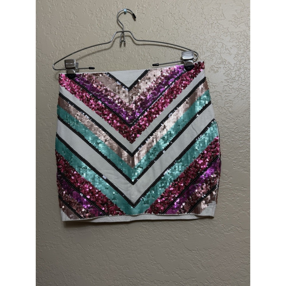 Y2K Express Pink Aqua Sequin Mini Skirt Party Punk Raver Festival Chevron 2016